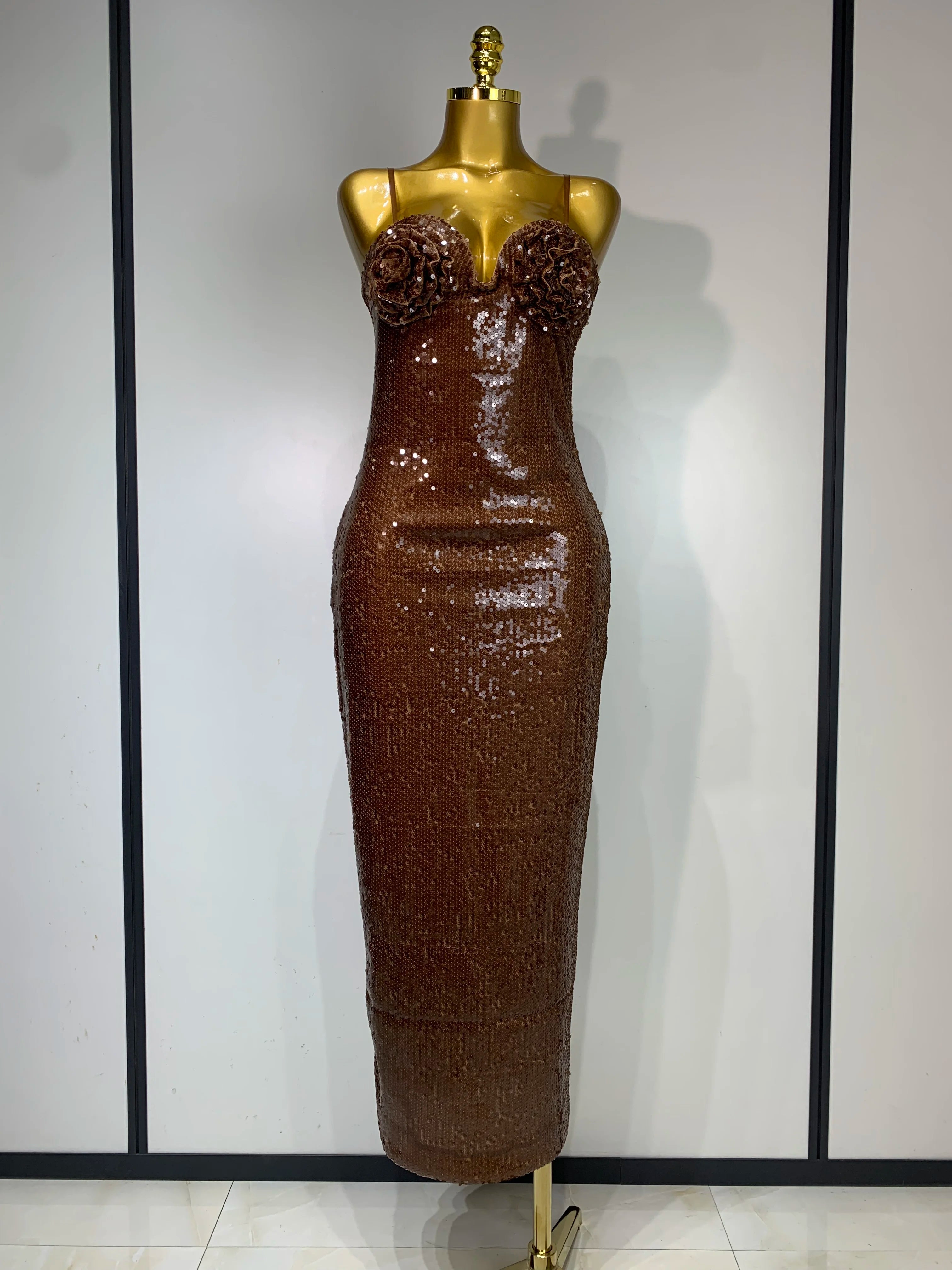 Women Luxury Sexy Sleeveless Backless Mesh Sequins Flower Brown Bodycon Maxi Dress Club Elegant Celebrity Evening Party Dress