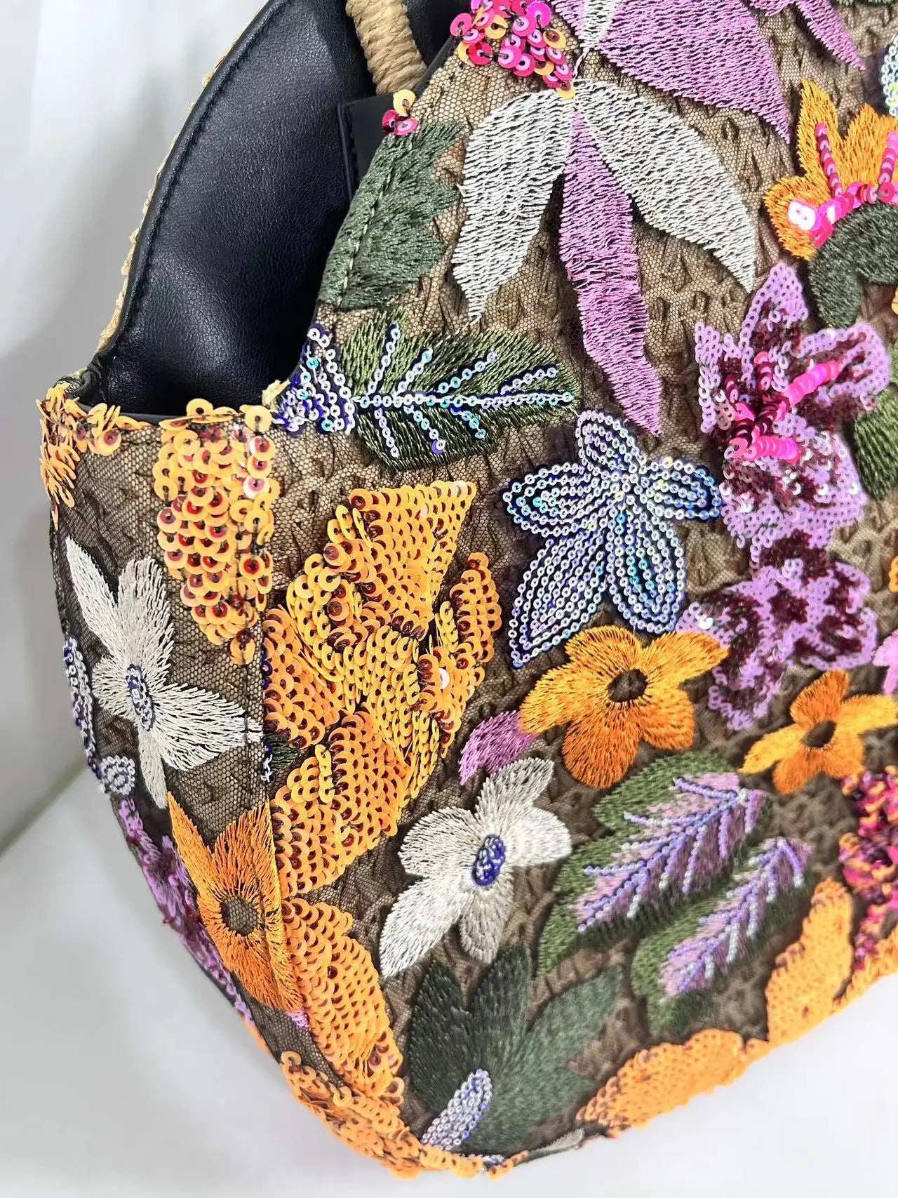 Women' Handbag Sequins Flower Round Straw Braid Large Capacity Tote Bag