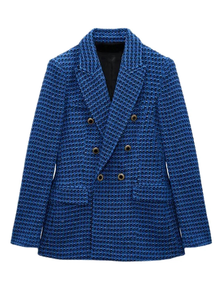 Women's Double-Breasted Tweed Jacket Fall And Winter New Fashion Blazer Retro Long-Sleeved Flap Pockets Women's Top Jacket Blue-S19