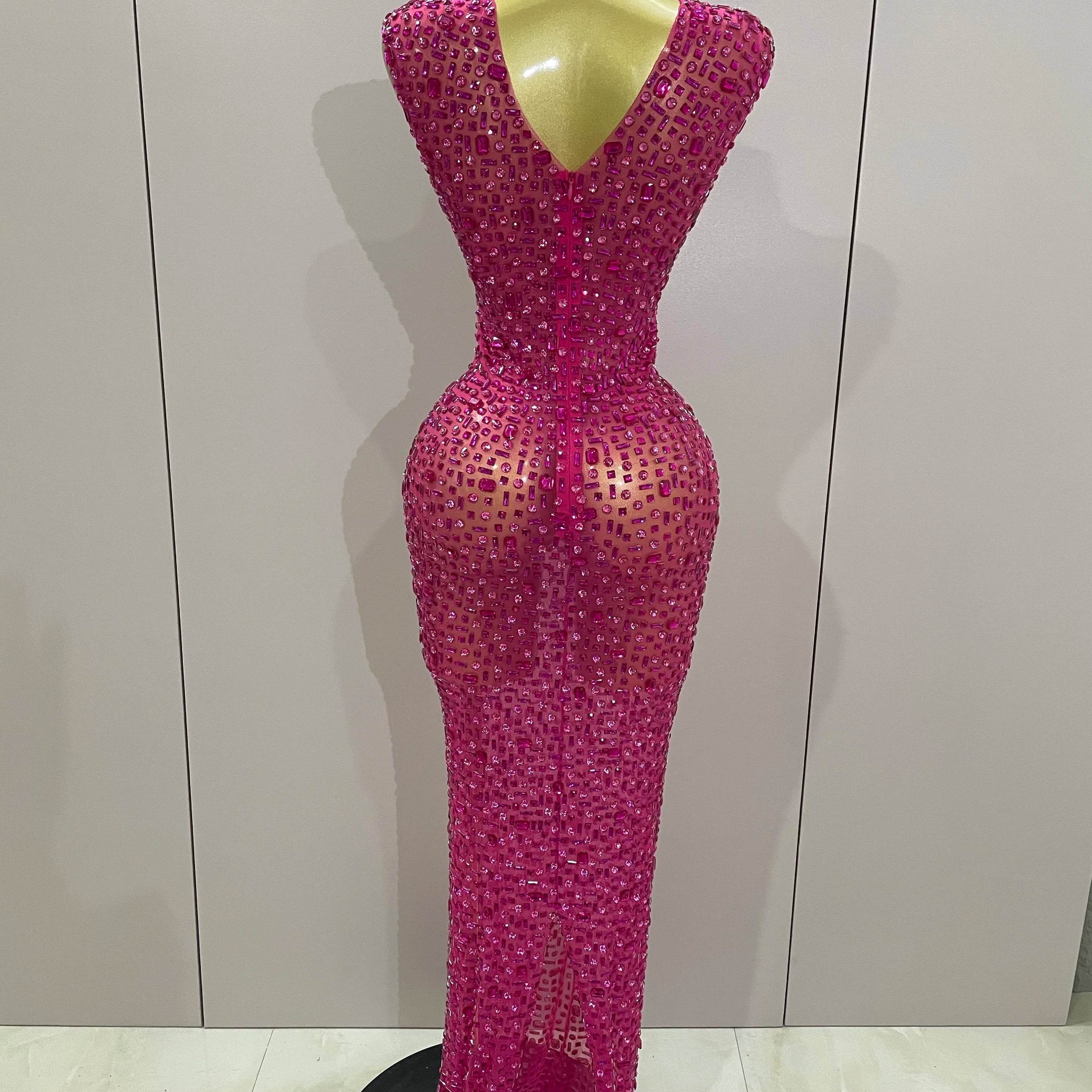 Sexy Sparkly Crystal Diamonds Mesh See Through Long Dress 2025 New Women Elegant Party Costume Singer Stage Performance Outfit