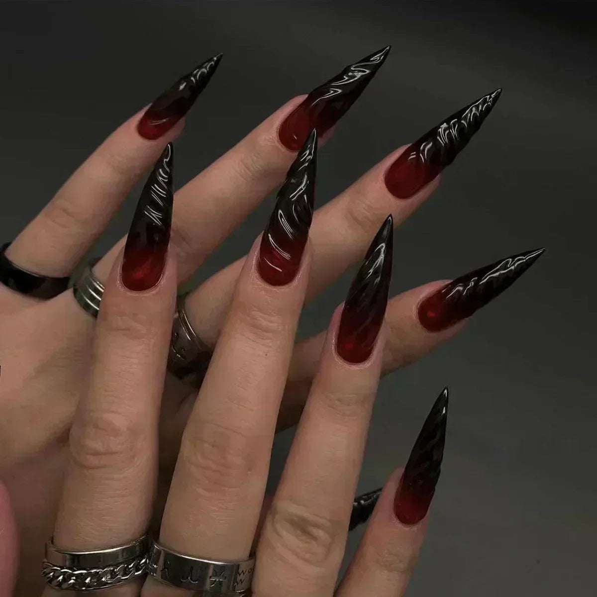 24 peças unhas postiças com cola amêndoa preto vermelho gradiente design destacável strass acrílico unha postiça longa stiletto unhas de pressão