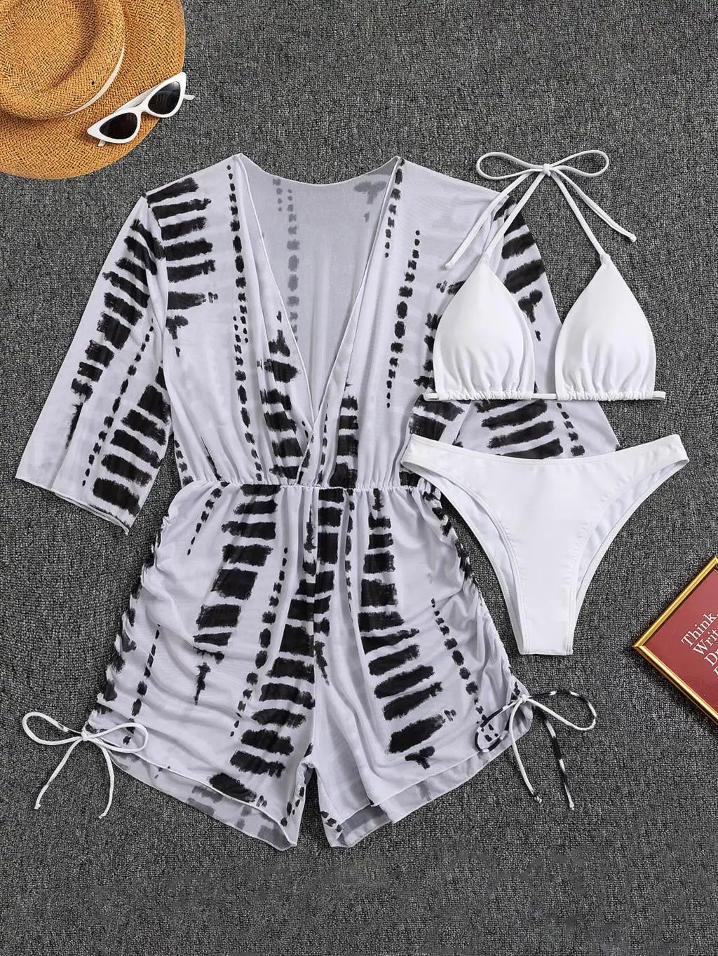 3 Pieces Bikini Tropical Print Swimsuit Halter Drawstring Side Swimwear Women 2023 Bathing Suit Female Swimming Summer Beachwear White 2