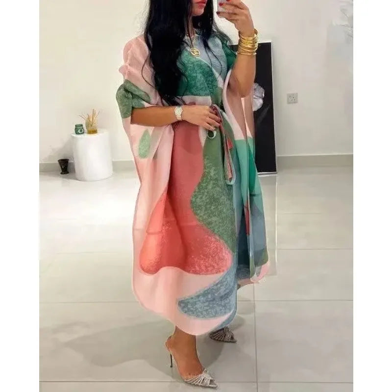 Pleated Shawl Dress Autumn/Summer O-Neck Loose Design A-line Dress Fashionable Long Women's Wear