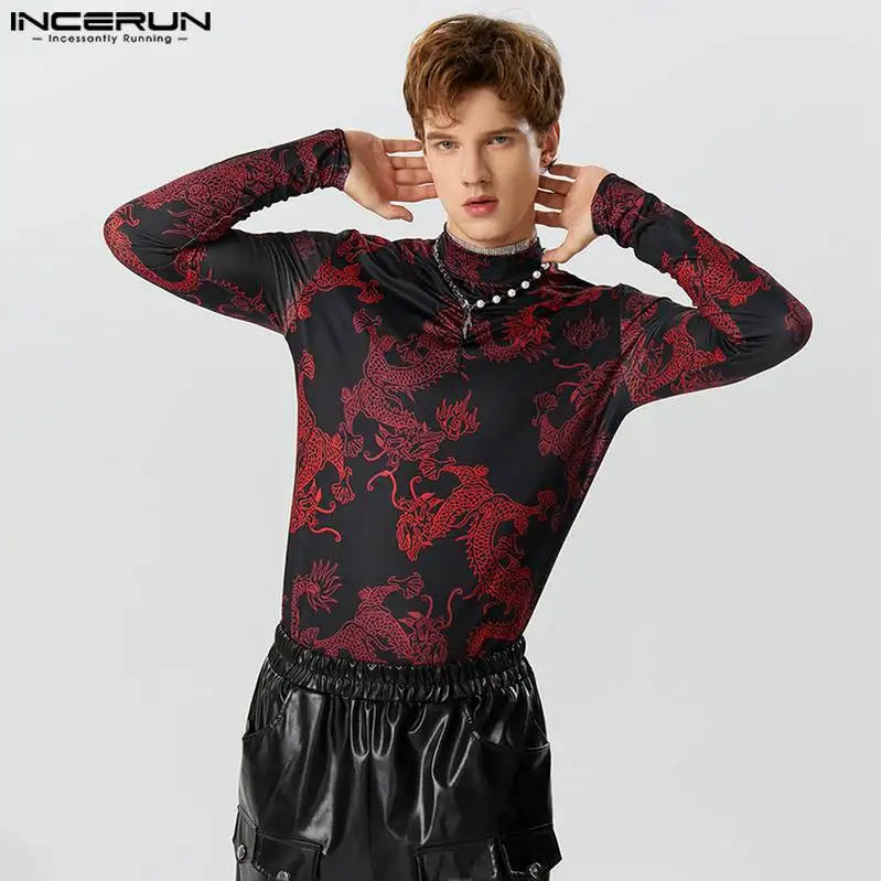 American Style Fashion Men Retro Dragon Totem Pattern T-shirts Casual Personalized Long Sleeved Camiseta S-5XL