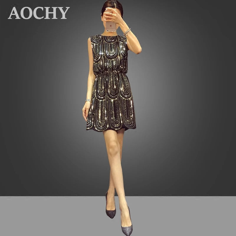 Sequins Mini Dress For Women Casual Style Tank O-Neck Women Dresses Sleeveless Party Dress