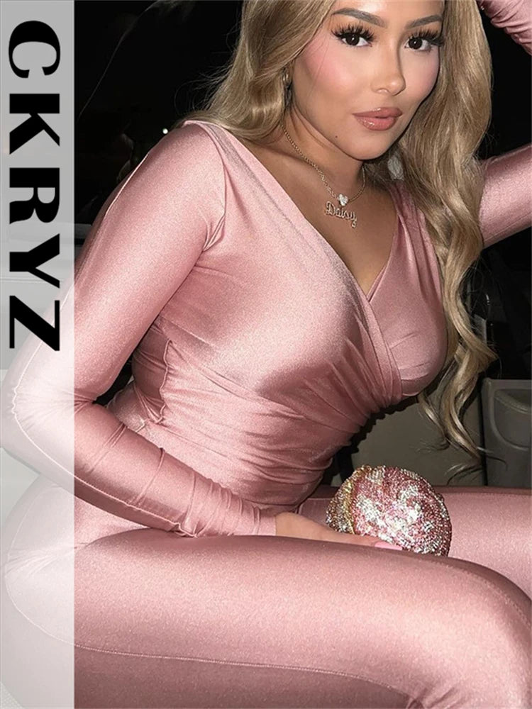 Ladies Off Shoulder Night Clubwear Y2K 2 Piece Long Sleeve V-Neck Folds Tees+Pencil Pants Fashion Club Streetwear Women Outfits