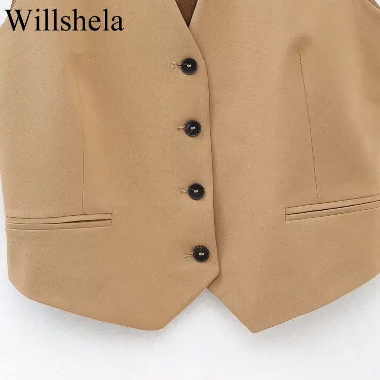 Willshela Women Fashion Khaki Cropped Vest V-Neck Single Breasted Sleeveless Female Chic Lady Outfit Short Top Tank