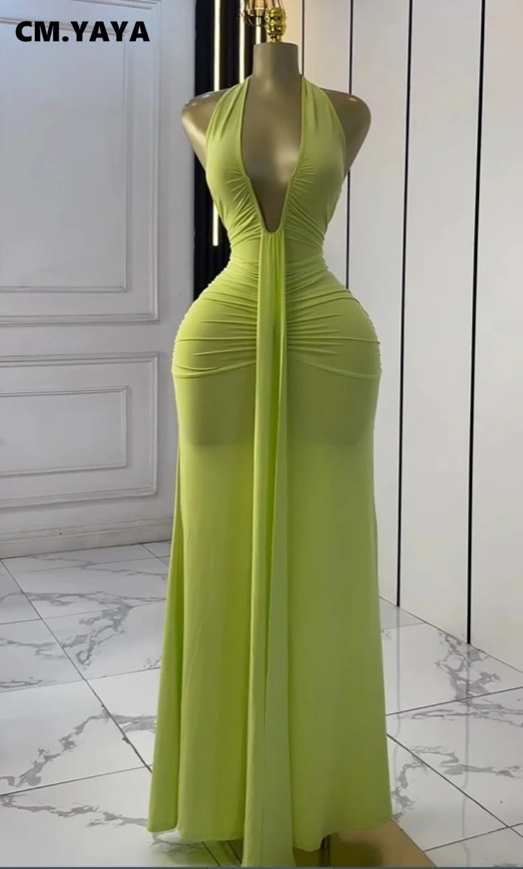 CM.YAYA Women Halter V-neck Stacked Ruched Backless Bodycon Midi Maxi Long Dress 2025 Vacation Birthday Sexy Party Club Dresses