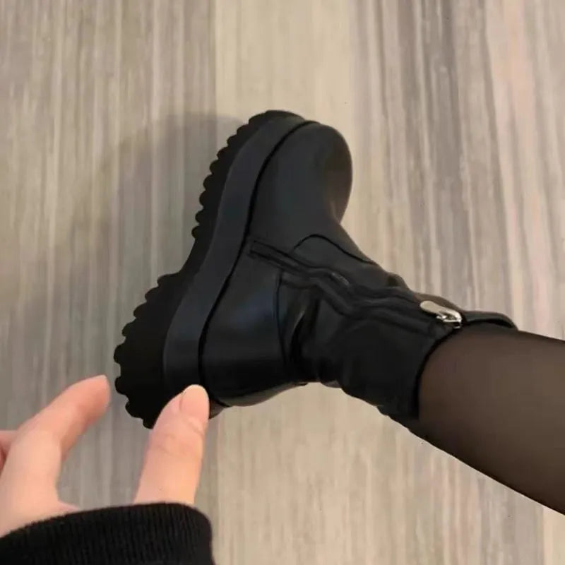 Winter Punk Style Women Ankle Boots Fashion Thick Sole Zippers Gothic Short Boot Ladies Elegant Platform Flats Shoes black