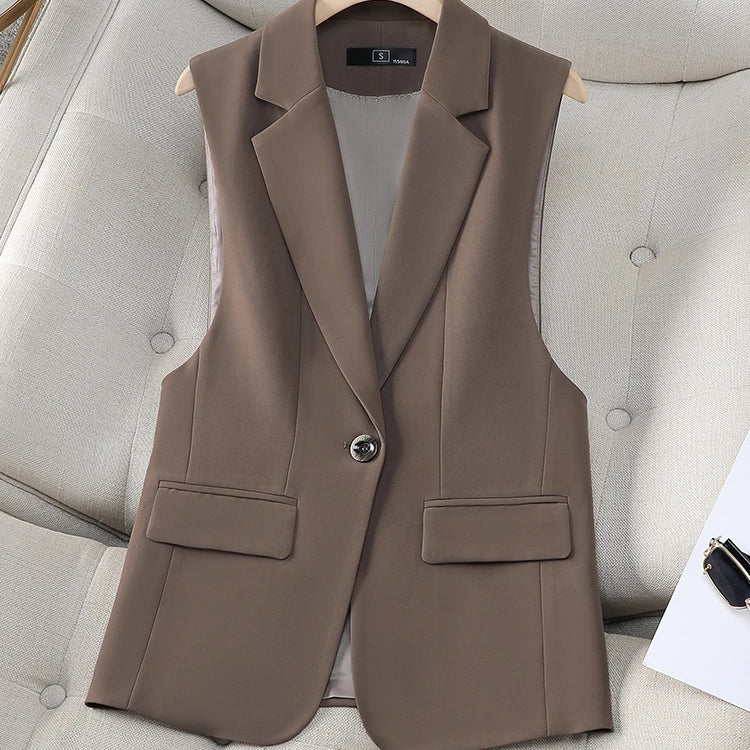 Fashion Women Formal Blazer Vest Ladies Khaki Black Coffee Slim Sleeveless Jacket Coat For Business Work Wear Coffee Vest