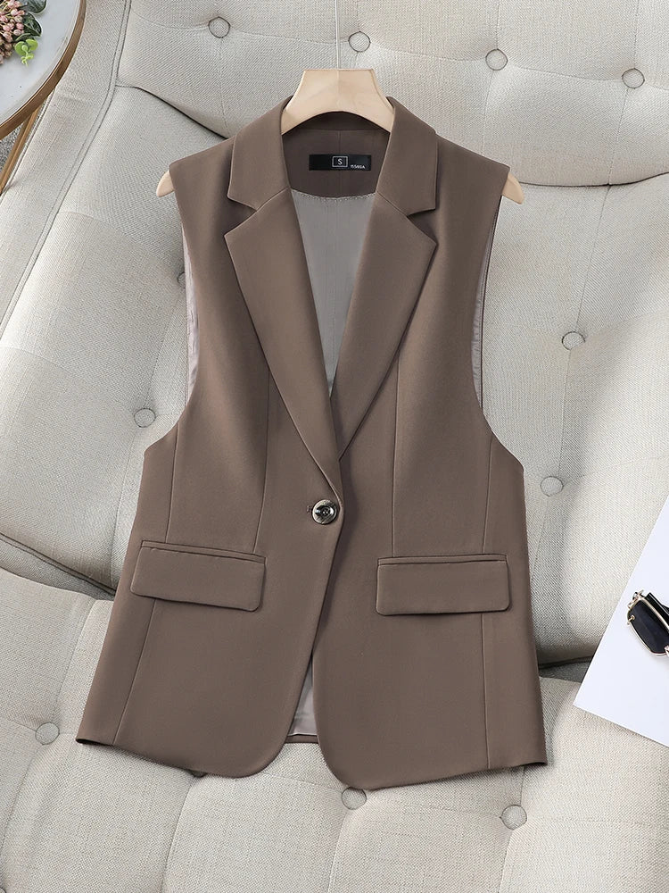 Fashion Women Formal Blazer Vest Ladies Khaki Black Coffee Slim Sleeveless Jacket Coat For Business Work Wear Coffee Vest