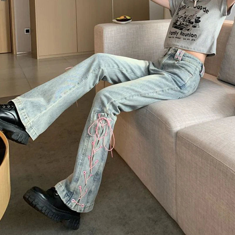 MEXZT Y2K High Waist Jeans Women Vintage Bandage Slit Slim Flare Denim Pants Female Korean Streetwear Casual Wide Leg Trousers