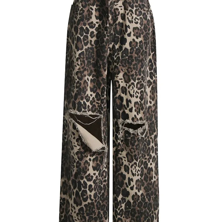 TWOTWINSTYLE Colorblock  Leopard Hollow Out Denim Pants For Women High Waist Spliced Pocket Wide Leg Jeans Female Fashion New