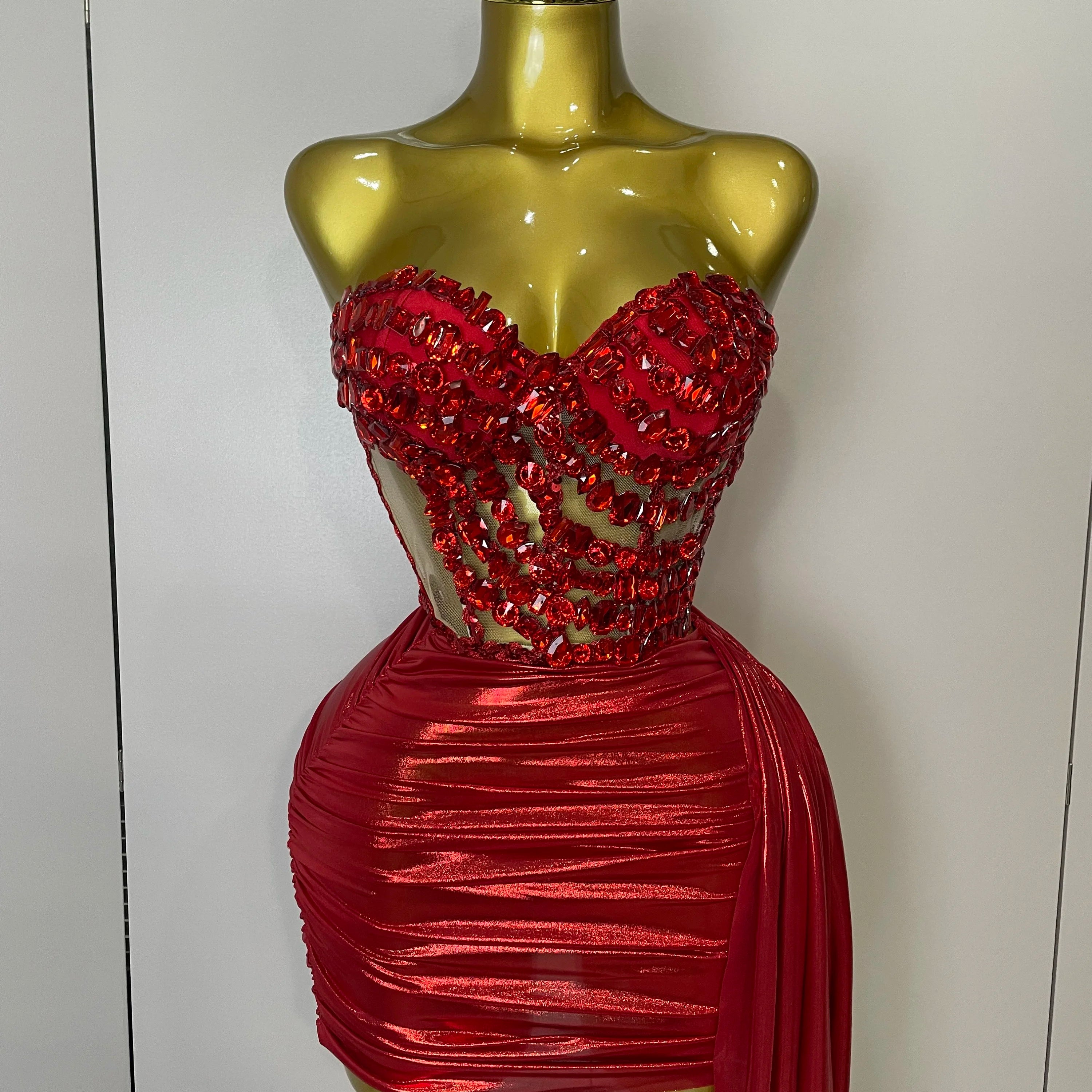 Sparkly Red Diamonds Two Piece Set Sexy Strapless Backless Women Outfit Evening Party Nightclub Stage Performance Dance Costume
