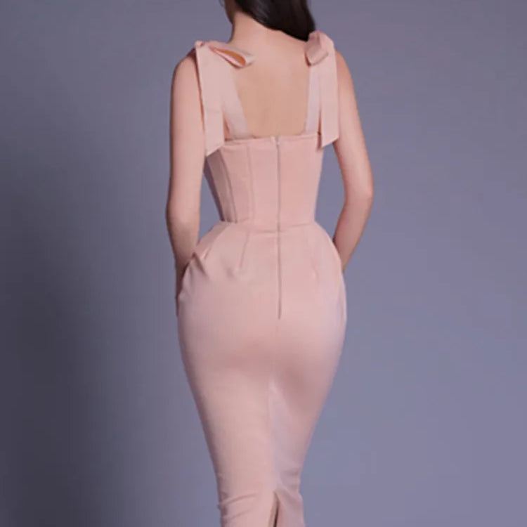 Chic Women Summer Sexy Backless Split White Beige Midi Bodycon Bandage Dress 2023 Elegant Evening Party Dress Vestido