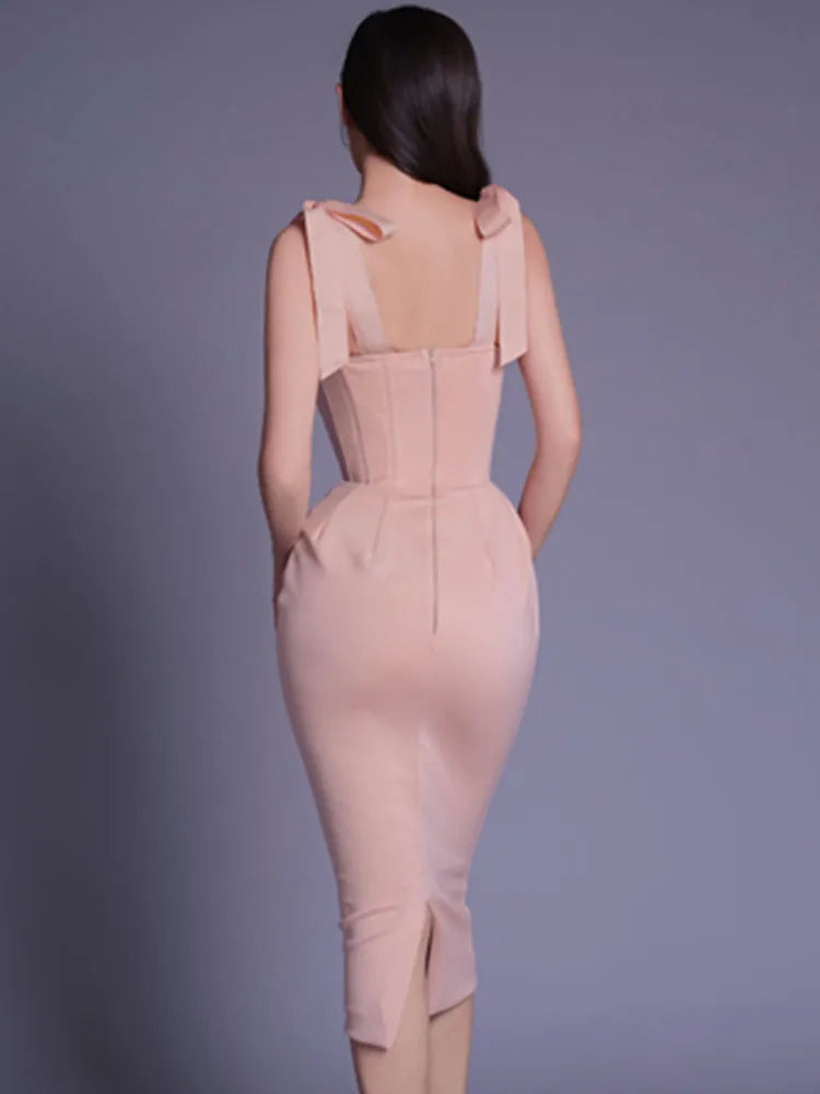 Chic Women Summer Sexy Backless Split White Beige Midi Bodycon Bandage Dress 2023 Elegant Evening Party Dress Vestido