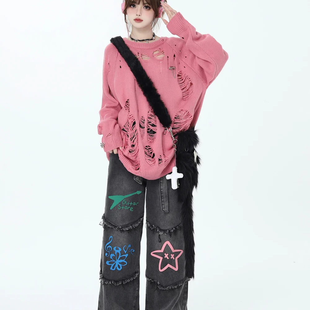 American Retro Graffiti Women's Jeans Autumn Winter Casual Star Jeans for Women Patchwork Women High Waist Y2K Pants with Belt