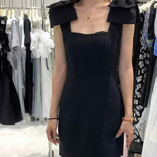 French New Female Sexy Bow Above Knee Suspender Dress Women's Summer Fashion Elegant Sleeveless A- Line High Waist Dress black