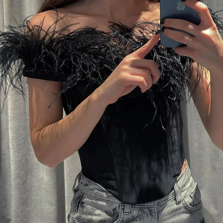 Women Sexy Feather Corset Crop Top Black White Faux Fur Trim Sleeveless Cami Top Push Up Bustiers Corsets Y2K Party Clubwear