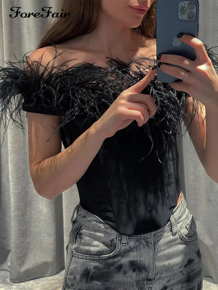 Women Sexy Feather Corset Crop Top Black White Faux Fur Trim Sleeveless Cami Top Push Up Bustiers Corsets Y2K Party Clubwear