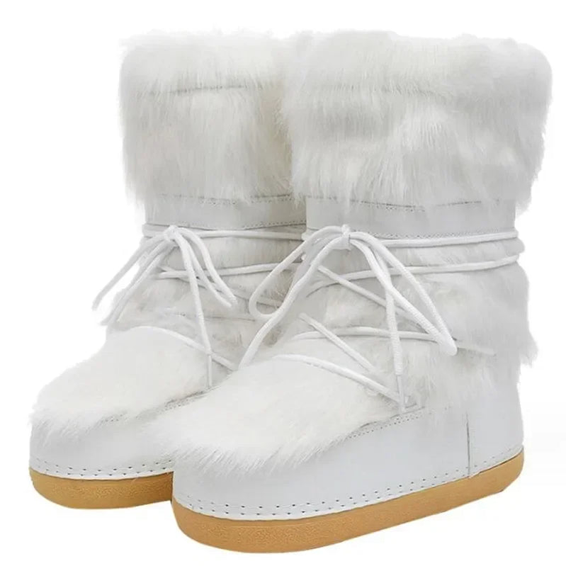 Winter Snow Boots Fashion space boots Thick Faux Fur fluffy Lace-Up Warm Waterproof Rubber Plush style lunar shoes Girls Booties white 01