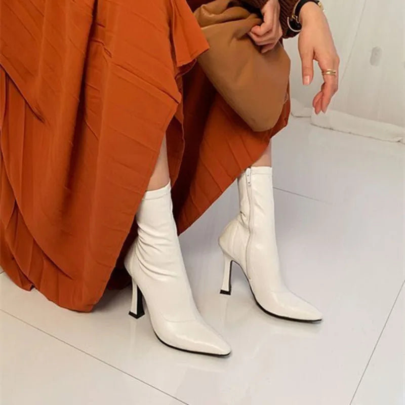 Black Women Ankle Boots Woman Thin High Heel Fashion Pointed Toe Zipper Winter Women's Shoes Leather White Short Booties Beige