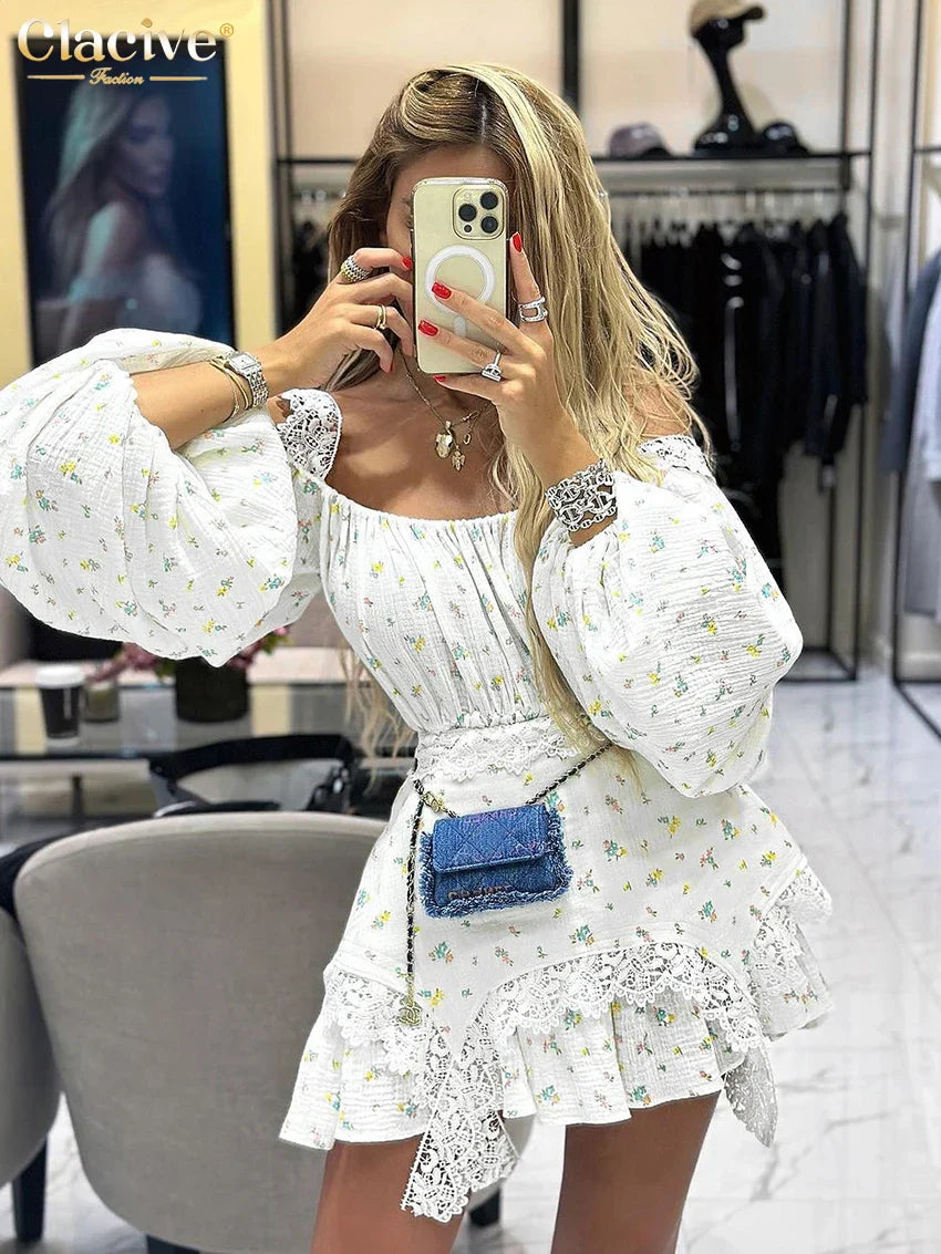 Clacive Sexy Loose Print Women'S Dress Fashion Square Neck Puff Sleeve Mini Dress Elegant Lace Spliced Pleated Female Dress