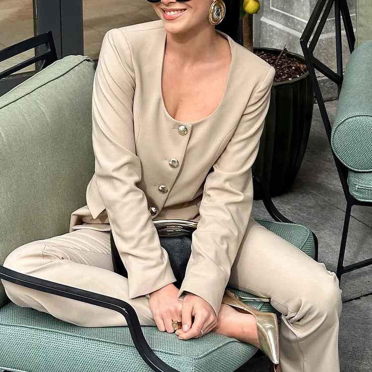 TRAF Spring Women's Khaki Office Lady Blazer Suit Single Breasted Jacket High Waist Women's Slightly Spicy Zipper Pants Set