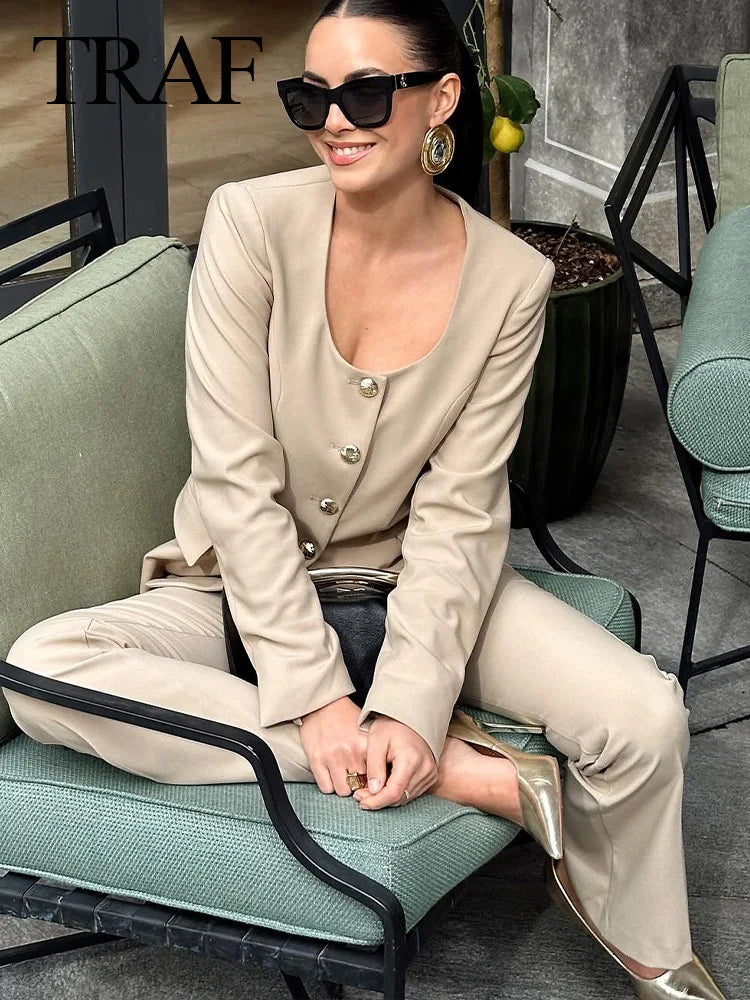TRAF Spring Women's Khaki Office Lady Blazer Suit Single Breasted Jacket High Waist Women's Slightly Spicy Zipper Pants Set