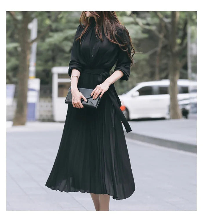 Elegant Chiffon Long Sleeve Shirt Dress Korean Fashion Women Belt Lace Up A-line Pleated Maxi Dress 2023 Fall Clothes Streetwear black