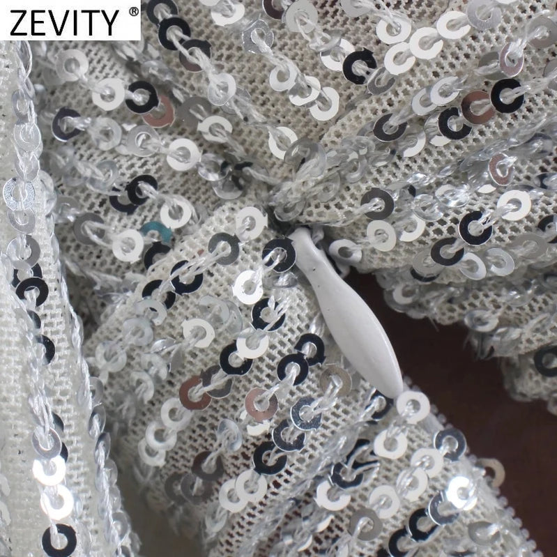 Women Sexy Deep V Neck Short Sequined Smock Blouse Lady Chic Pleats Puff Sleeve Party Wear Crop Shirts Blusas Tops