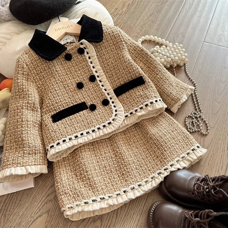 Girl 2 Piece Tweed Set Winter Suit Clothes for 1-10Years Children's Cotton Padded Jacket Coat+Skirt Kids Classic Outfits 2pcs set 1