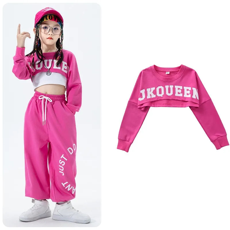 Girls Jazz Dance Performance Dress Girls Hip-hop Suit Cool Belly Button Exposed Clothing Children's Hip-hop Fashion Clothes 829 long sleeve