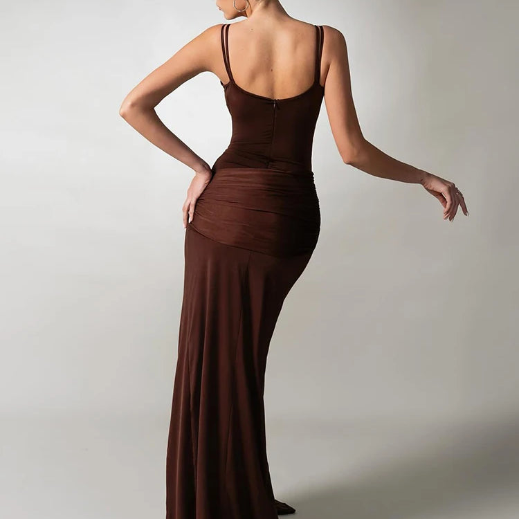 VC Chocolate Brown Strappy Sleeveless Draped Dress with High Slit & Cutout Detail for Formal Dinner Party Gown