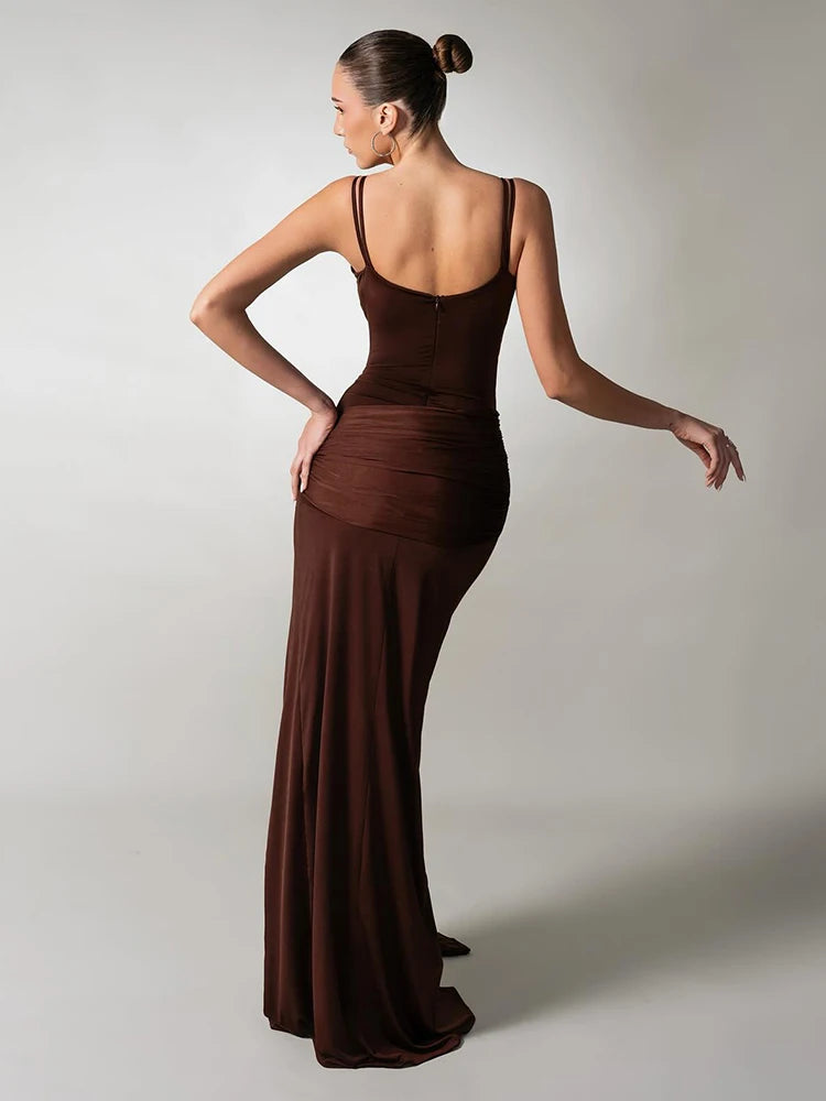 VC Chocolate Brown Strappy Sleeveless Draped Dress with High Slit & Cutout Detail for Formal Dinner Party Gown
