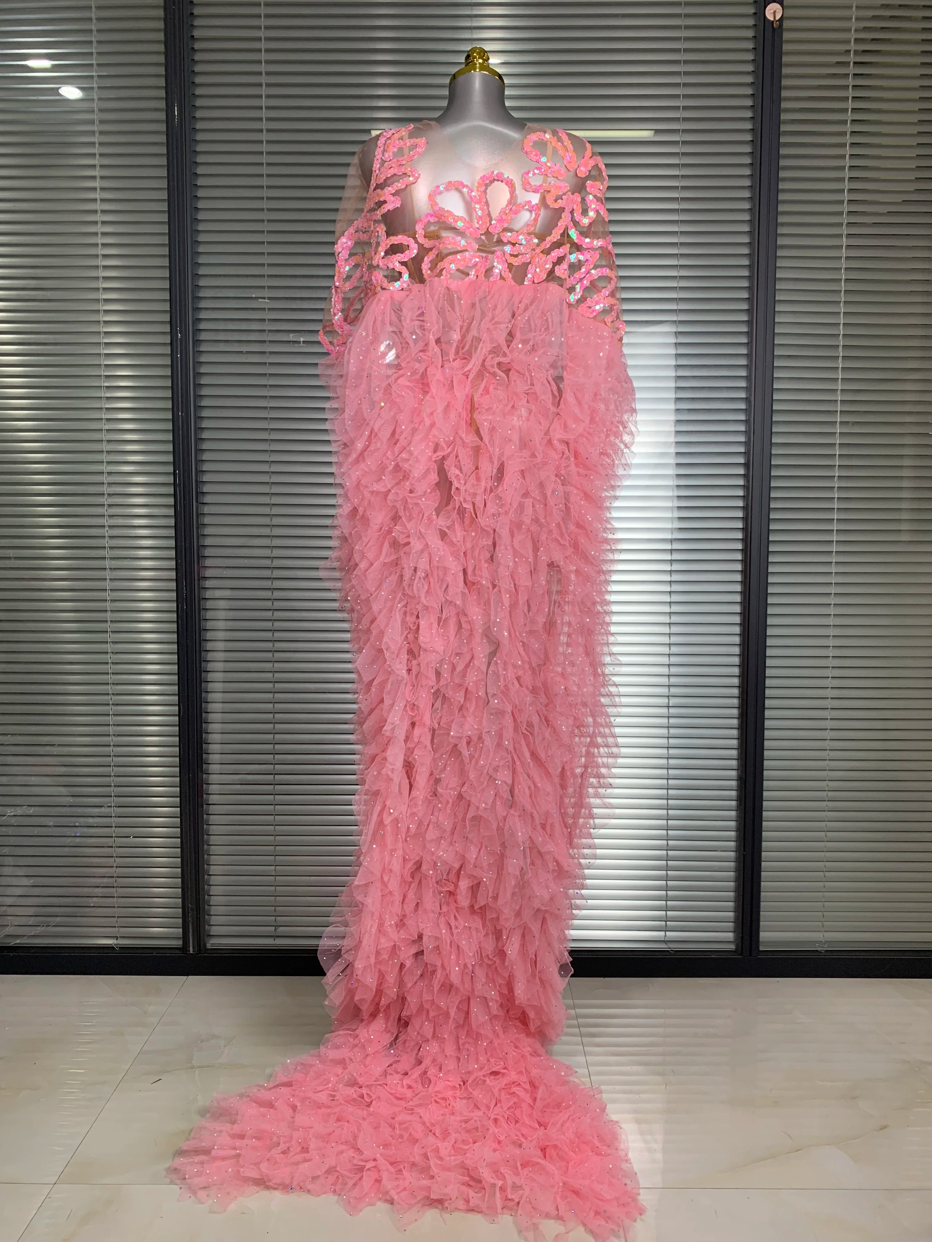 New Women Sexy Mesh Sheer Sequins Pink Maxi Dress See Through Sparkly Shining Party Costume Stage Performance Dress