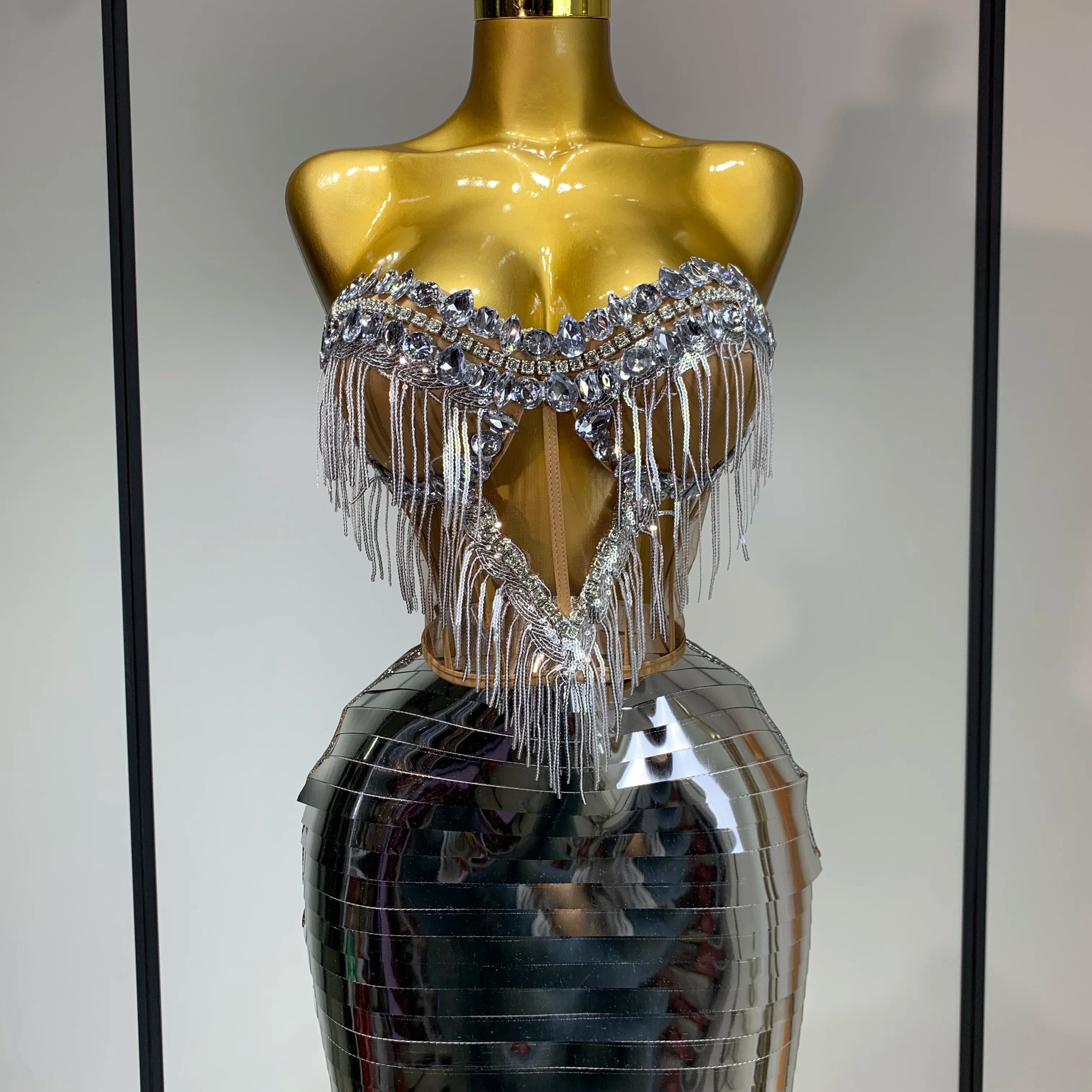 Sparkly Sliver Rhinstones tassels Top Skirt Two Piece Set Women Sexy Strapless Nightclub Birthday Evening Party Stage Outfit