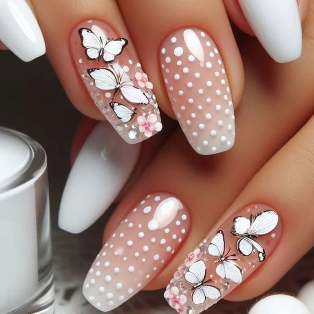 Lot de 24 faux ongles courts et carrés à motif floral avec colle, couleur unie, en acrylique, à appliquer soi-même, style French manucure simple et complet