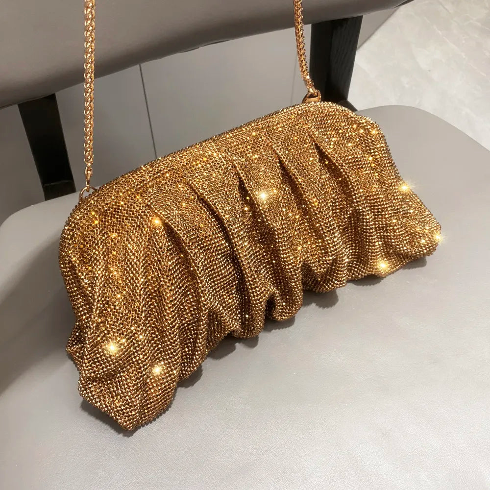 Shiny handle Rhinestones Handmade Evening Clutch Bags New Folds Purses And Handbags Luxury Designer Wedding Party Deep gold