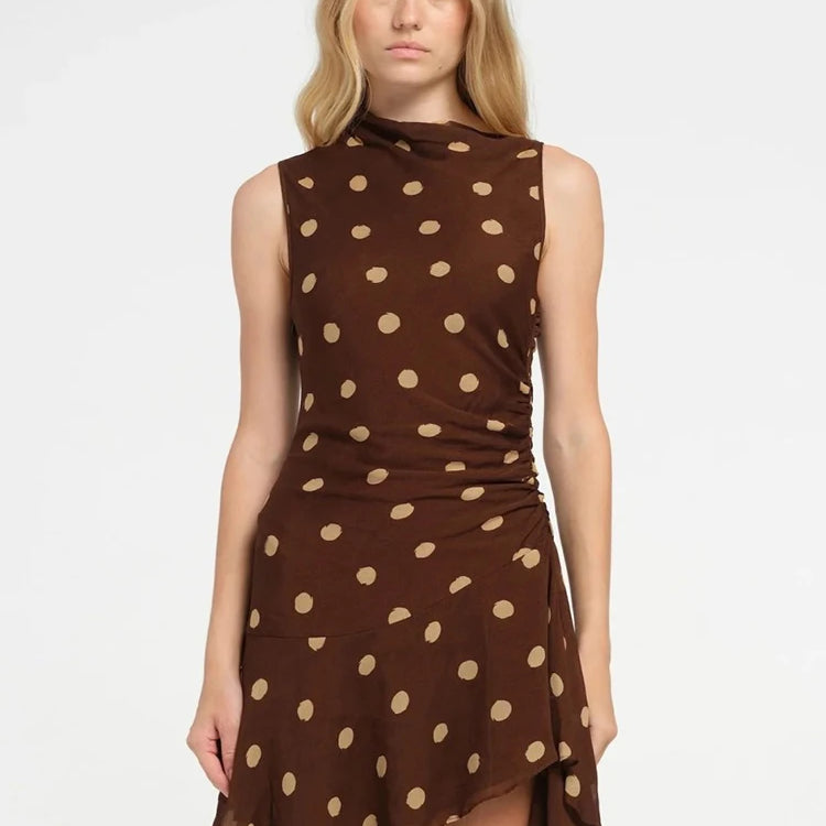 Sleeveless Polka Dot Dress For Woman Fashion Brown Print Mesh O Neck Ruched Mini Dress Elegant Irregular Dresses