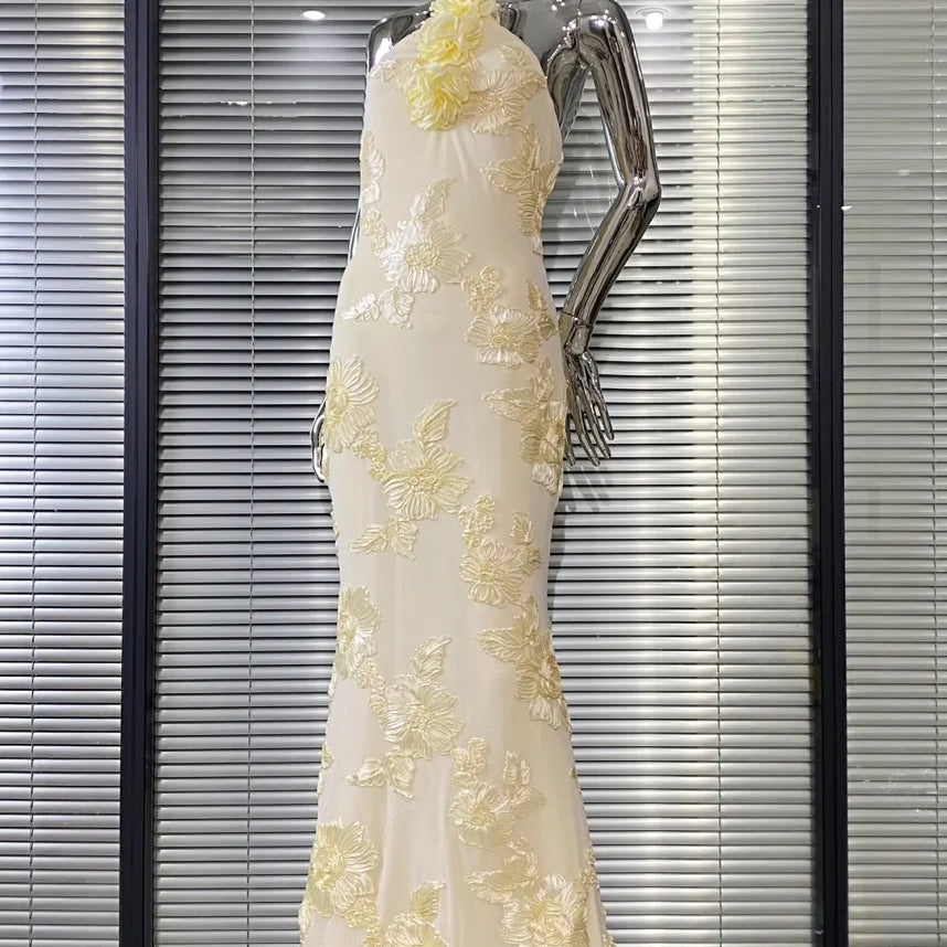 High Quality Women Sexy Halter Backless Bodycon Long Dress Florals Fashion Celebrate Birthday Party Evening Dress Outfit