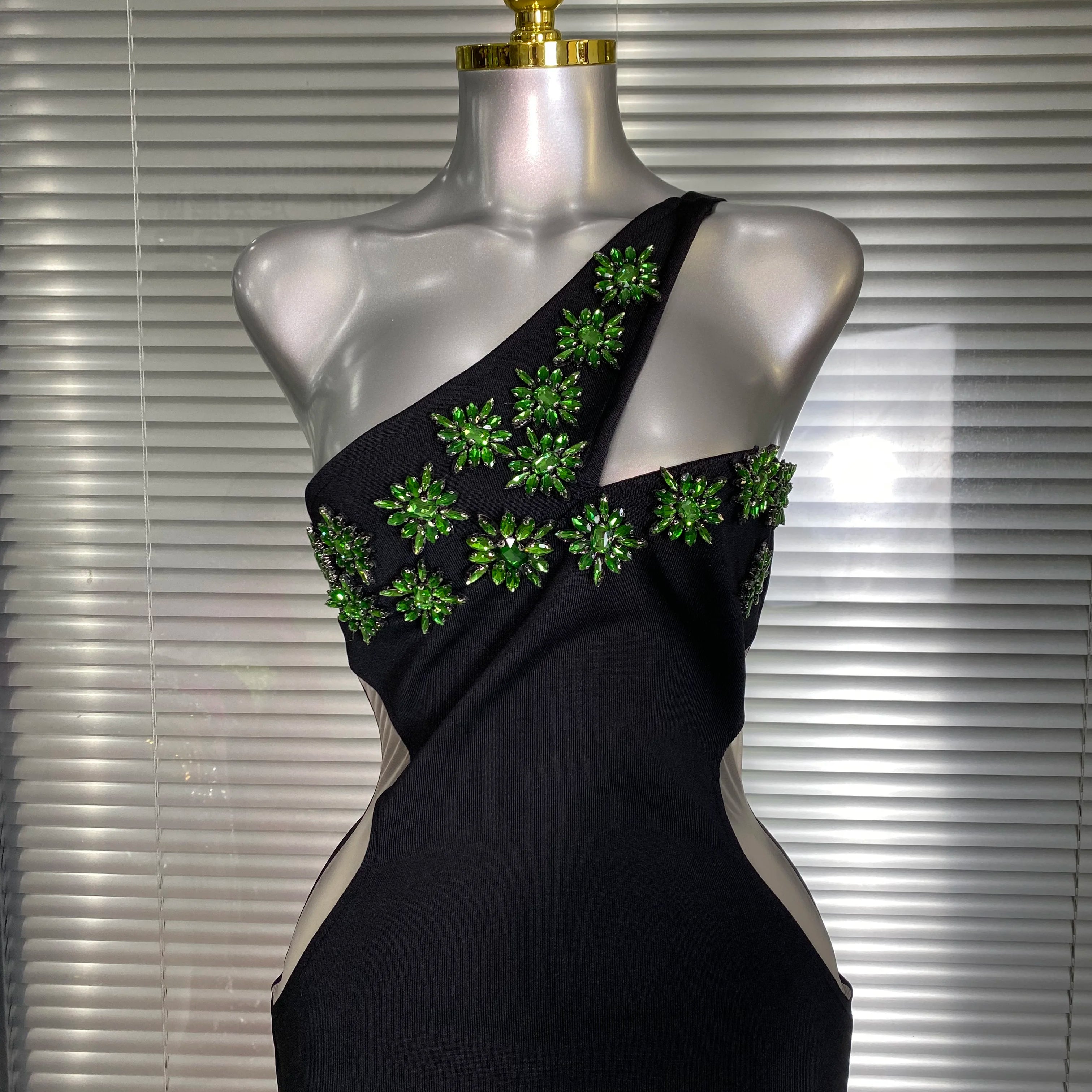 Summer New 2025 Women Black One Shoulder Long Bodycon Bandage Dress Green Flower Crystal Evening Party Dress Vestido