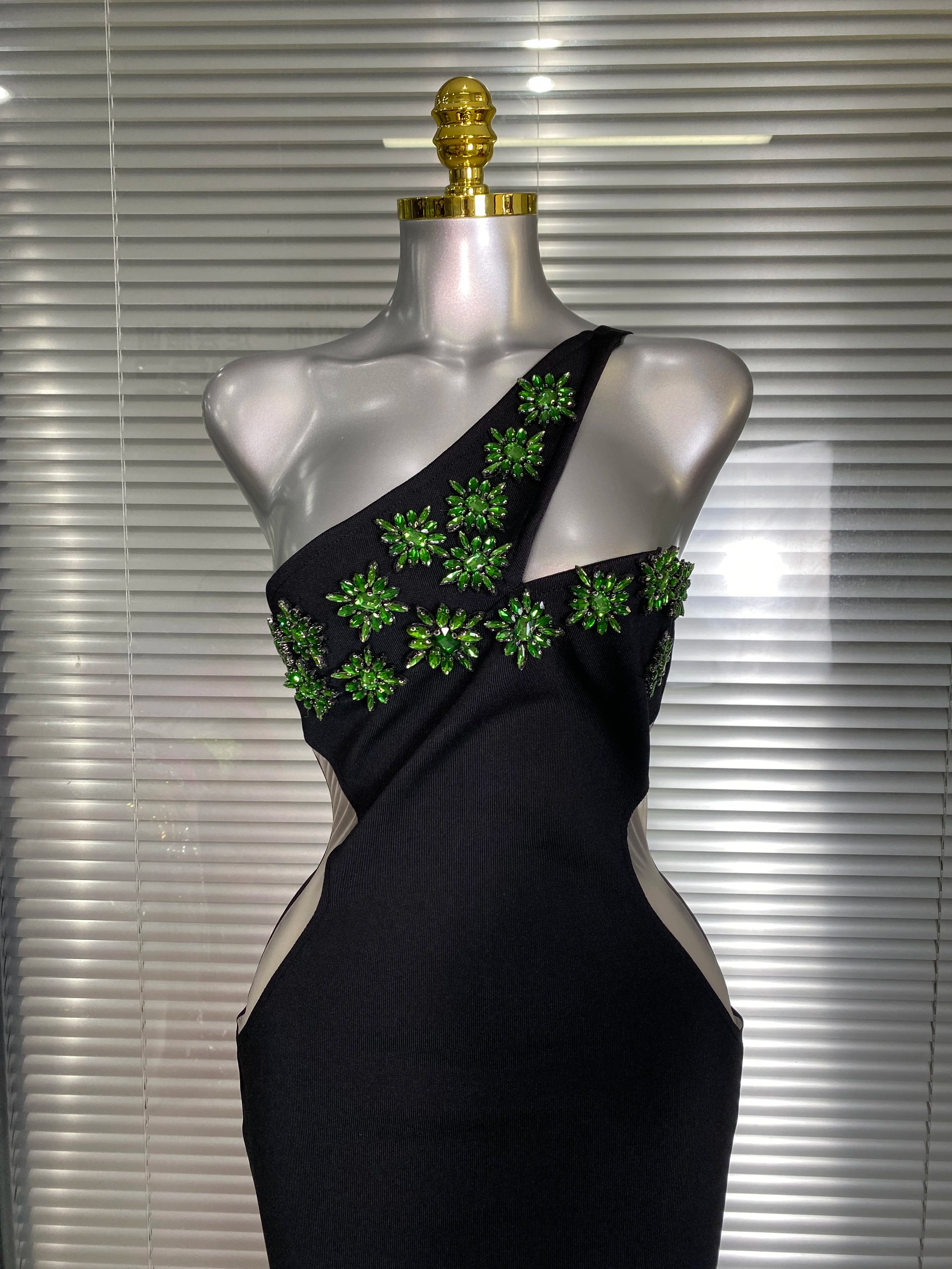 Summer New 2025 Women Black One Shoulder Long Bodycon Bandage Dress Green Flower Crystal Evening Party Dress Vestido
