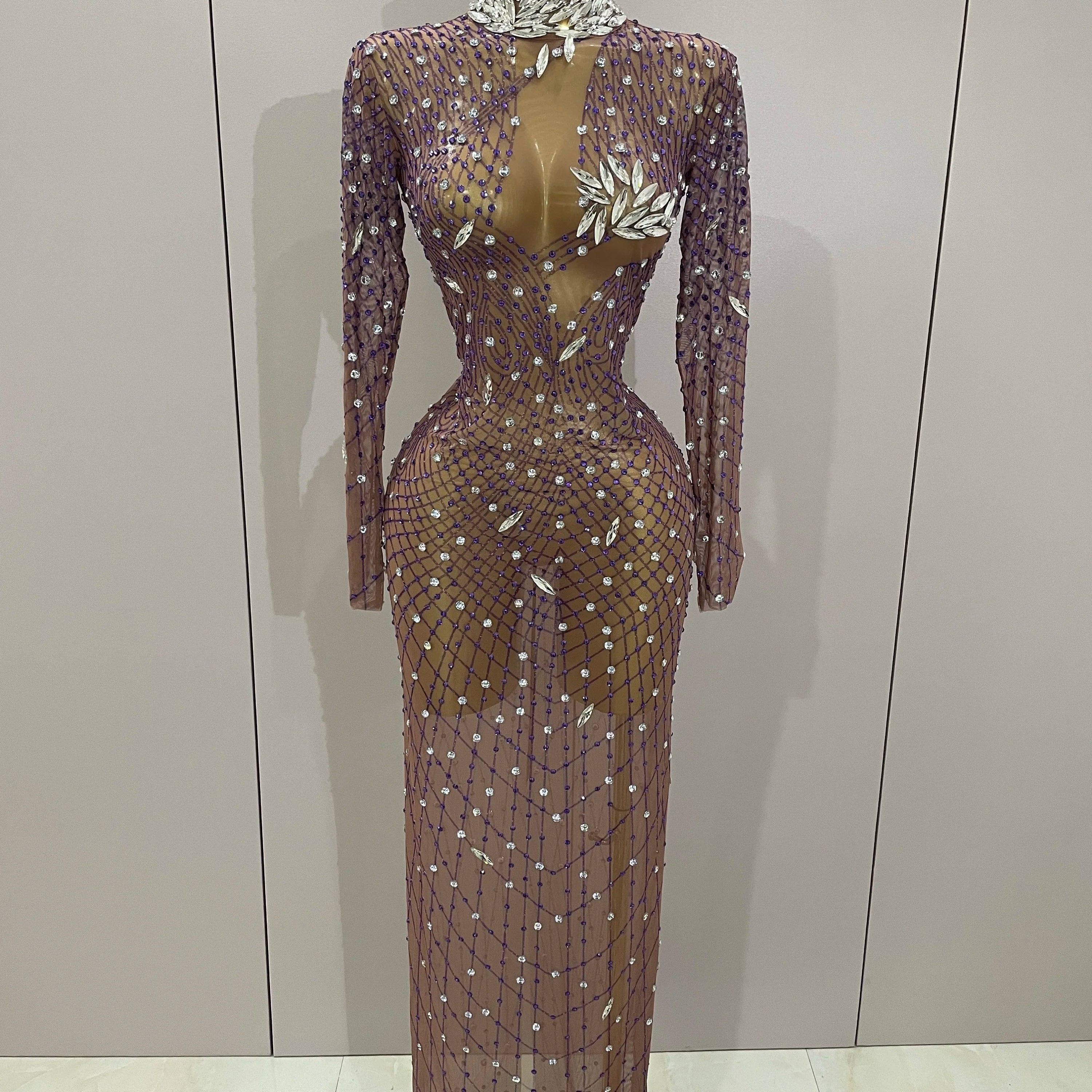 Shining Rhinestones Sexy Mesh See Through Long Dress Women Birthday Celebrate Evening Singer Show Stage Wear Photo Shoot Dress