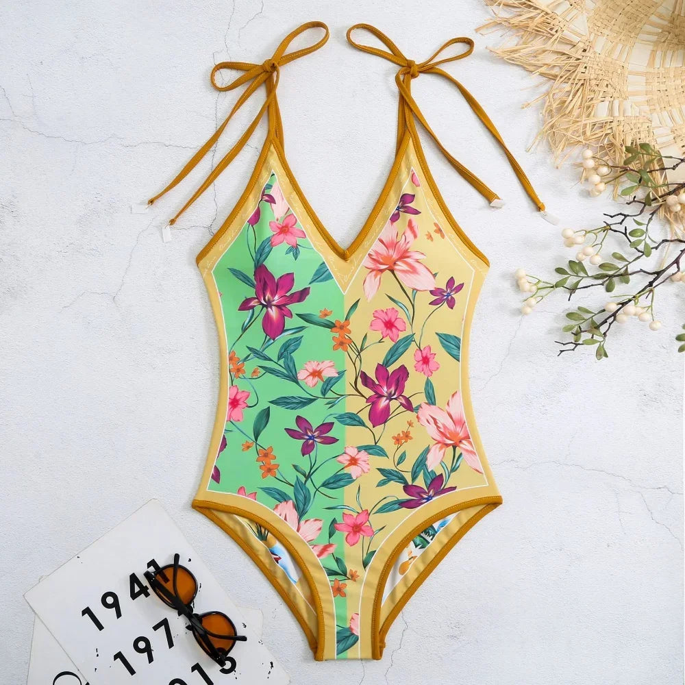 Vintage Printed Double-sided Wear Swimming Bathing Suit Women Bandage Sexy One Piece Swimsuit Beachwear Swimwear Woman