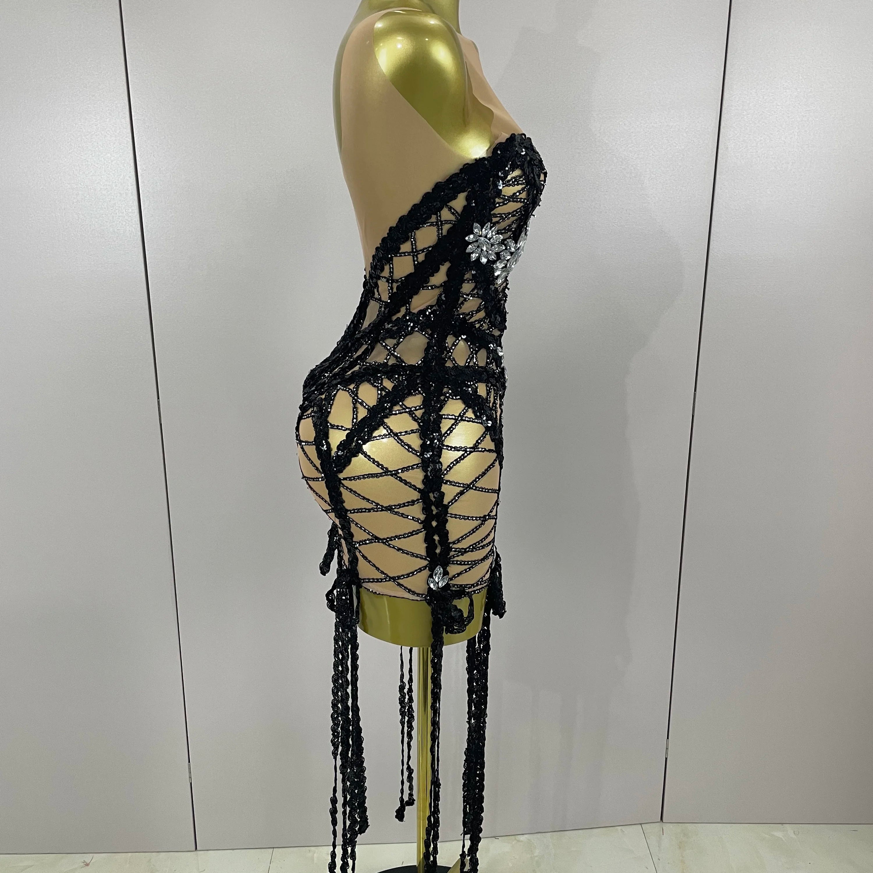 Sparkle Sequins Embroider Sparking Diamonds Long Tassel Sleeveless Mini Dress Women Red Carpet Goddess Stage Performance Costume