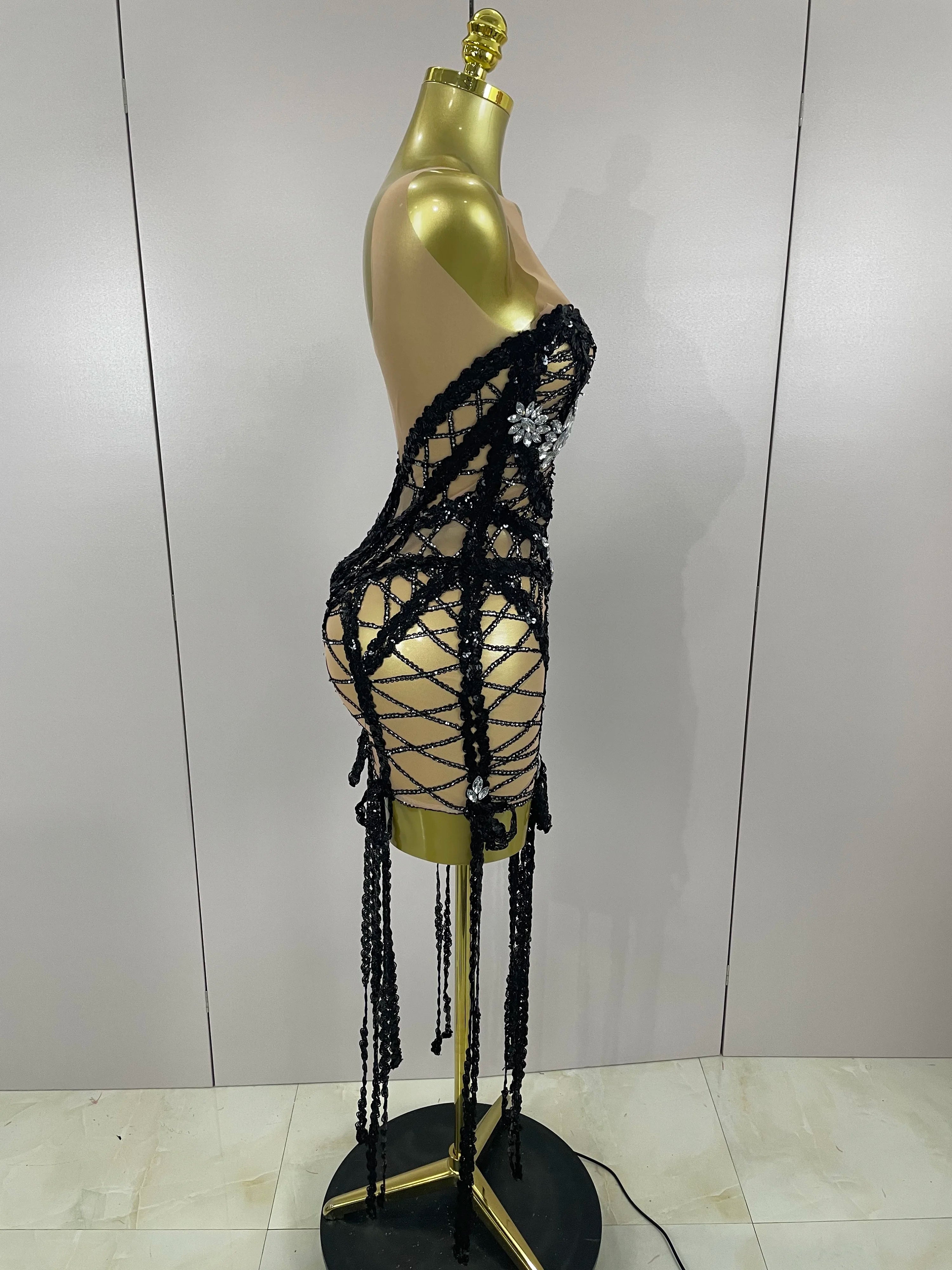 Sparkle Sequins Embroider Sparking Diamonds Long Tassel Sleeveless Mini Dress Women Red Carpet Goddess Stage Performance Costume