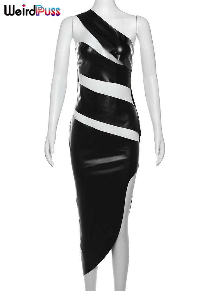 Weird Puss Hollow Faux Leather Dress Women Sexy Coquette Irregular Sleeveless Summer Midnight Bodycon Hipster Stylish Clubwear