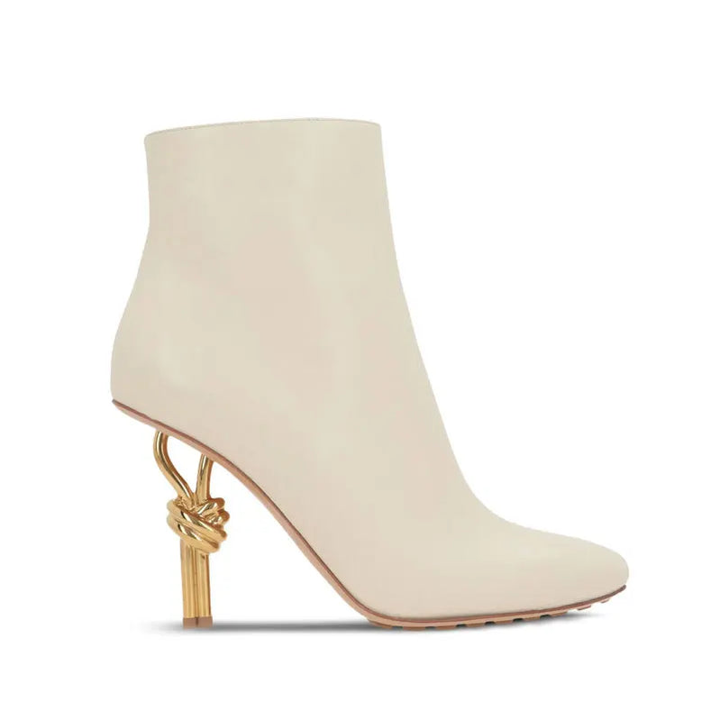 New Arrival Women Metal Knot Shaped Heel Boots High Heel Ankle Nude Boots Elegant Office Side Zip Square Toe Heels Boots as photo 1