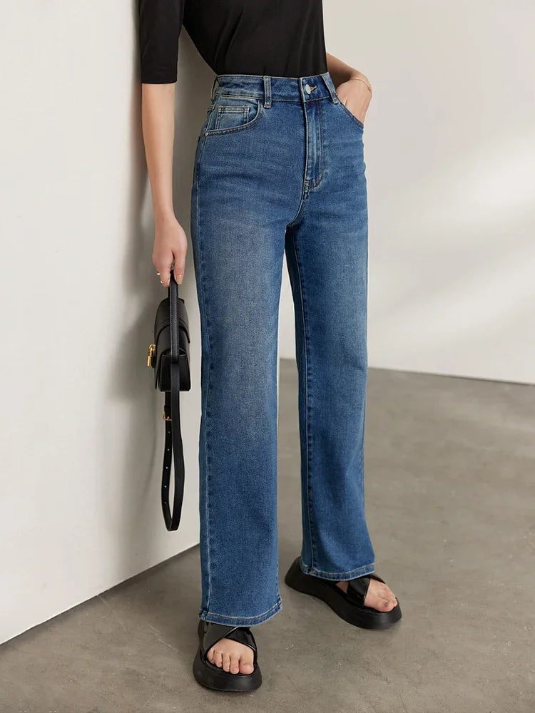 Minimalism Autumn Jeans For Women Straight Trousers Cotton Denim High Waist Wide Leg Casual Loose Pants